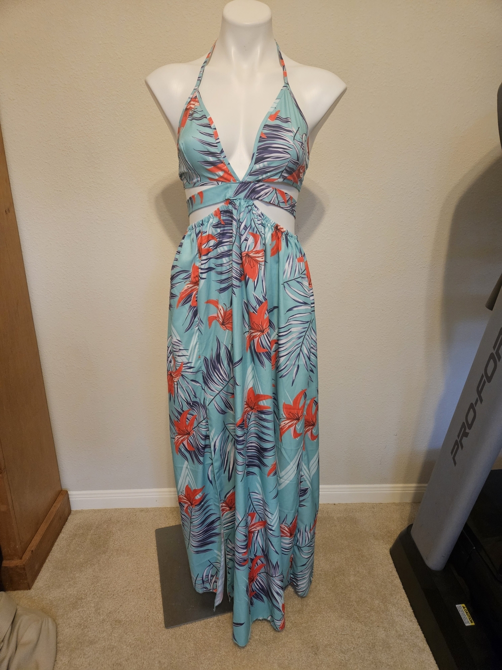 SHEIN Tropical Halter Maxi Dress in Sea Green with Coral Floral Print